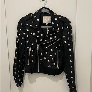 Maje Black Leather Jacket with Silver Star Accents